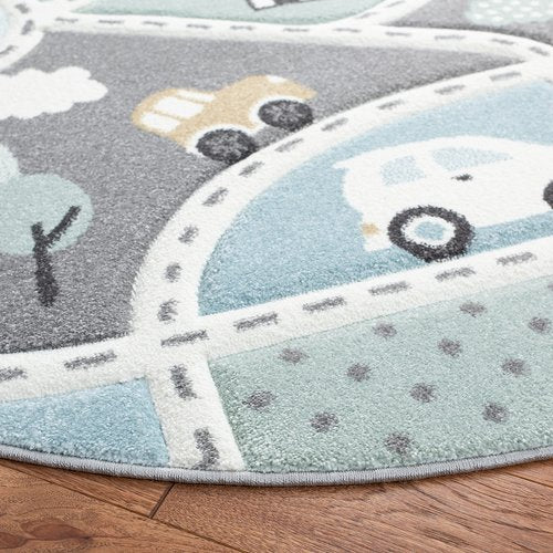 SAFAVIEH Carousel Kids Collection 4' Round Grey/Light Blue CRK193F Neighborhood Non-Shedding Nursery Playroom Area Rug