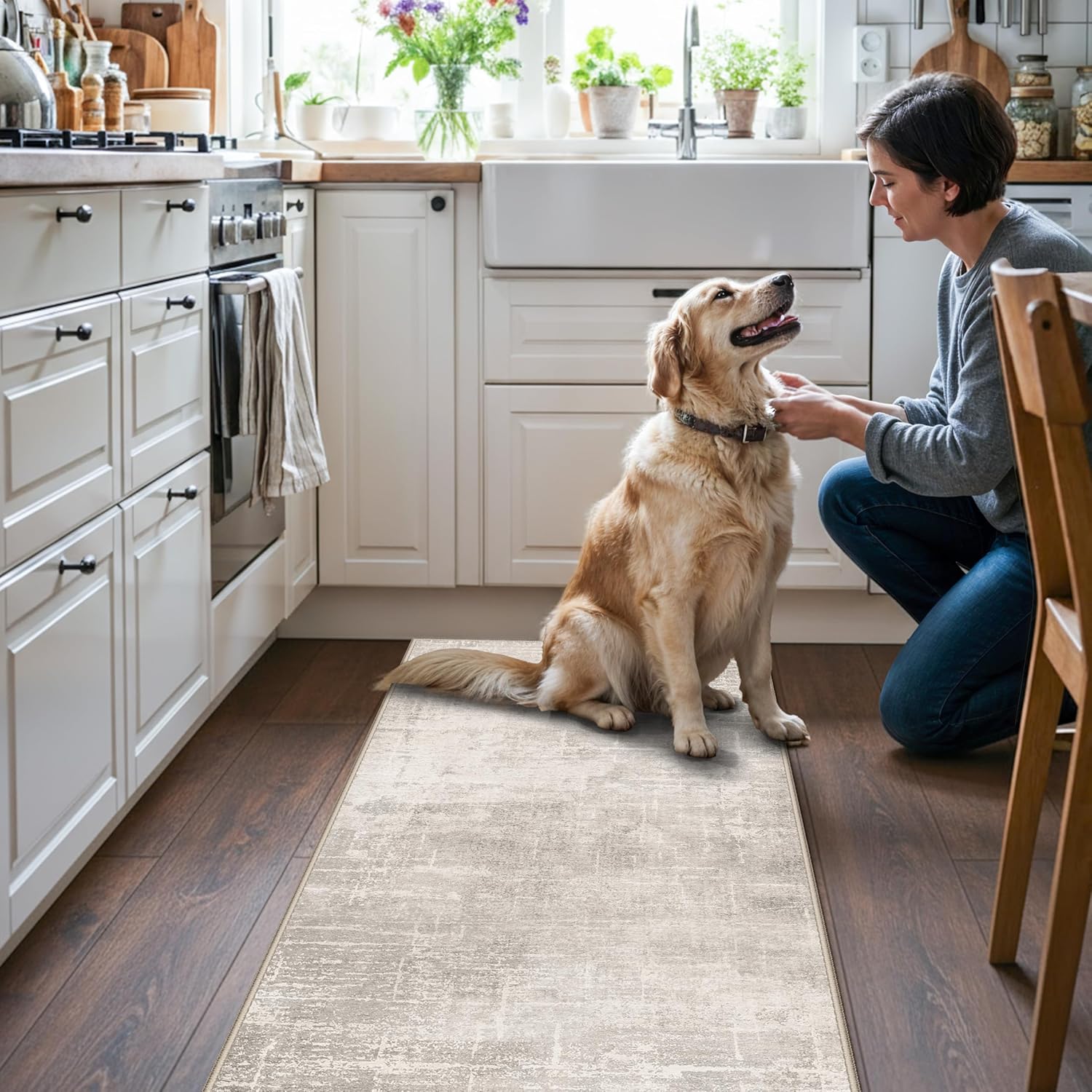 Skiennix Washable Kitchen Runner Rug - Abstract Water-Resistant Design | Soft Low Pile 2x5 Beige/Cream