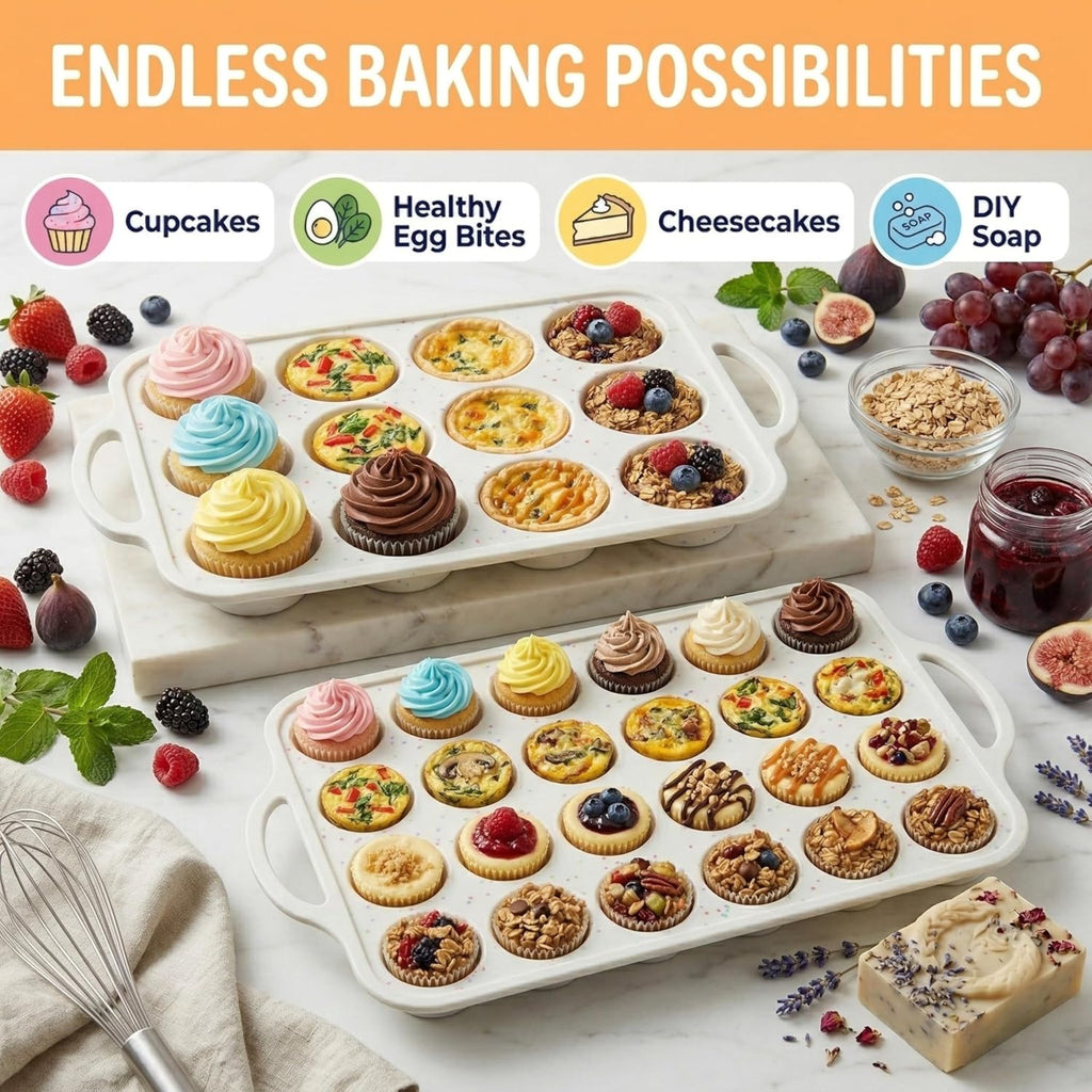 Skiennix Silicone Muffin Pan Set - 2-Pack Regular 12-Cup & Mini 24-Cup | Nonstick, BPA-Free, Dishwasher-Safe, Cream