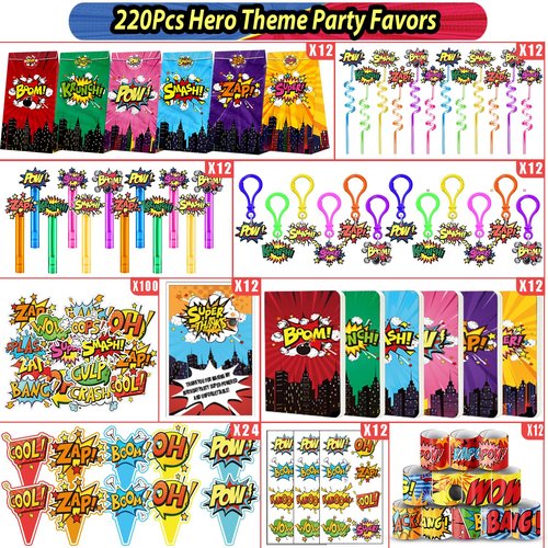 Fumogym 220PCS Hero Party Favors Kit – Birthday Supplies Includes Goodies Bags, Straws, Bubble Wands, Notebook & More – Perfect for Party Decorations & Pinata Fillers