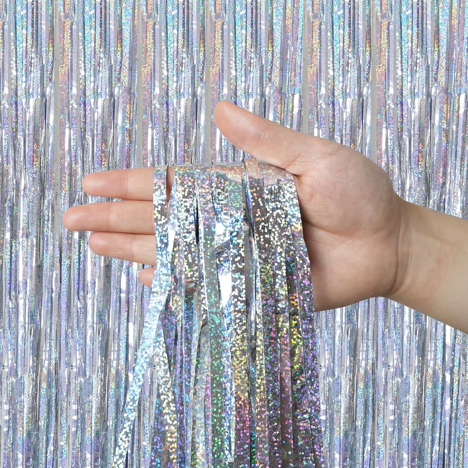 QRabbit Foil Curtain Backdrop - Silver Metallic Tinsel Fringe Curtains | 4 Pack for Parties & Events