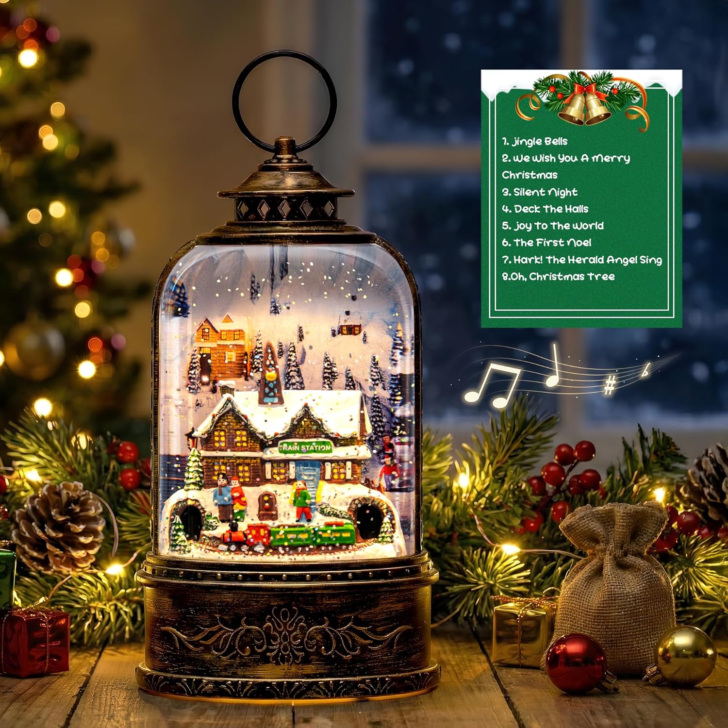 Skiennix Christmas Village Snow Globe - Musical Water Lantern with Train Station Scene | Battery or USB Powered Holiday Decoration for Tabletop Display