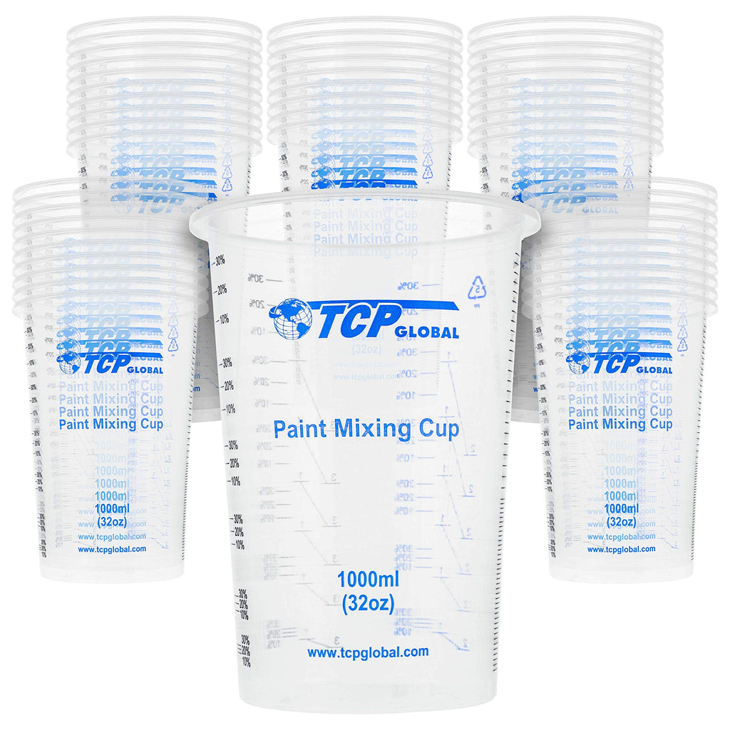TCP Global 32 oz. (1000ml) Graduated Plastic Mixing Cups (Box of 50) - Disposable Plastic Measuring Cups for Liquids, Paints, Resin, Epoxy, Art, Kitchen - Ratios 2-1, 3-1, 4-1 ML