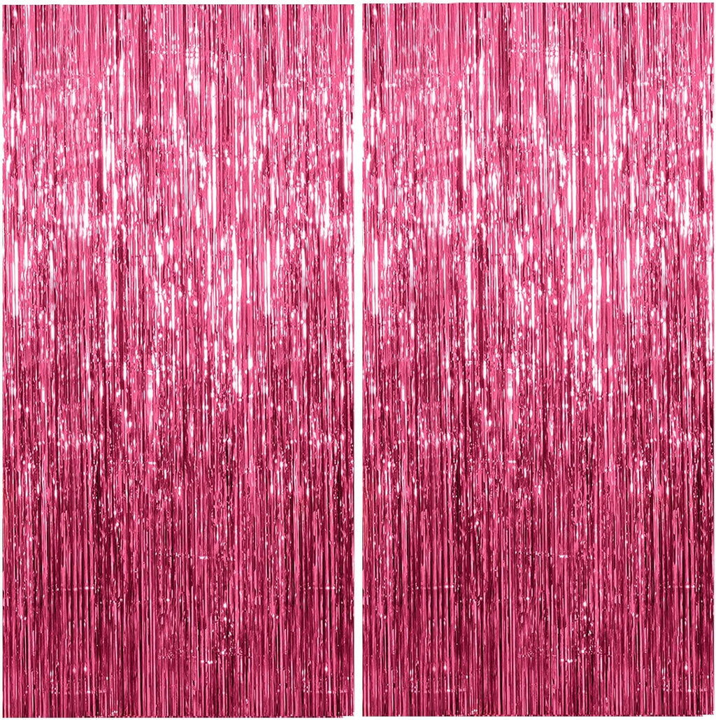 Pink Metallic Tinsel Foil Curtains by [Brand Name] - 2 Pack Photo Booth Backdrop for Parties & Events