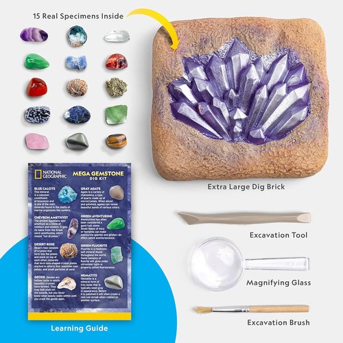 National Geographic Mega Gemstone Dig Kit - Discover 15 Real Gemstones & Crystals | Fun Science Kit for Kids