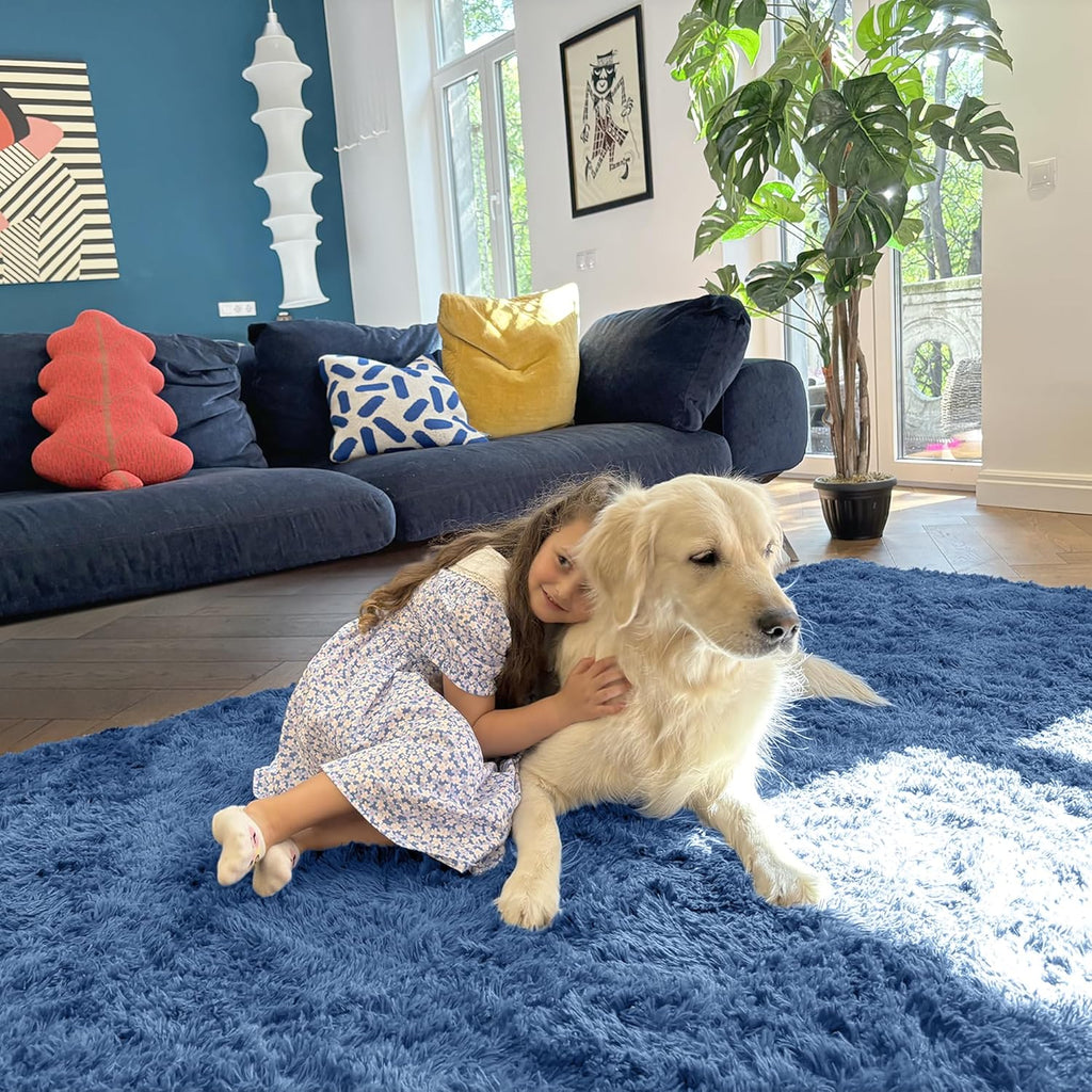 OLANLY Area Rugs - Soft Fluffy Shaggy Indoor Carpet for Living Room & Bedroom | 4x5.9 ft, Blue