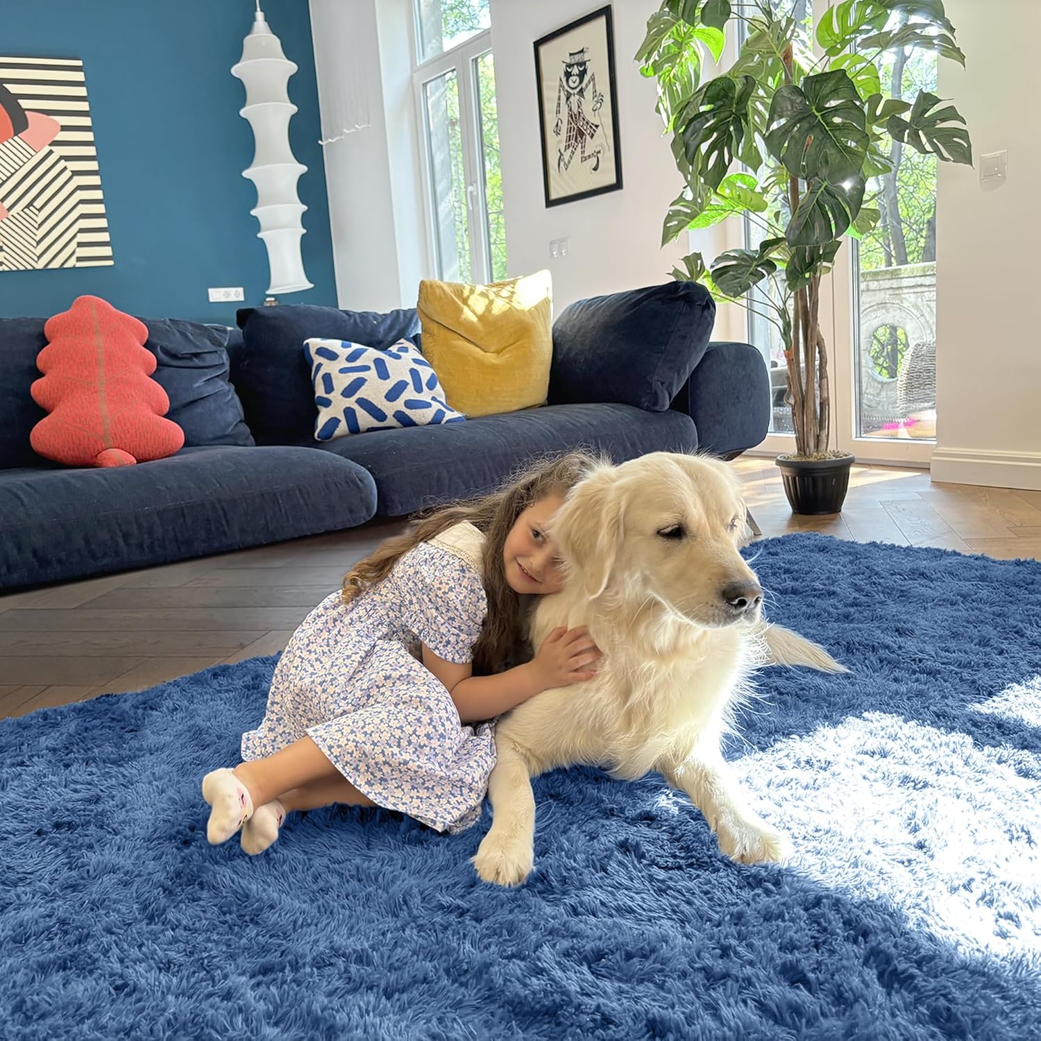 OLANLY Area Rugs - Soft Fluffy Shaggy Indoor Carpet for Living Room & Bedroom | 4x5.9 ft, Blue