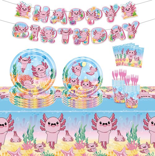 114Pcs Axolotl Birthday Party Supplies Include Happy Birthday Banner-Backdrop-Balloons-Cake Topper-Cupcake Toppers-Tableware-Plates-Napkins-Cups-Cutlery-Tablecloth for Axolotl Party Decorations