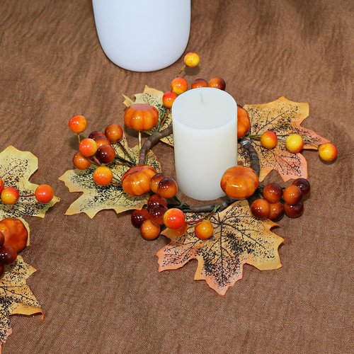 Fall Candle Rings by [Brand Name] - 3.5-Inch Decorative Taper Candle Holders with Maple Leaves & Pumpkins | Autumn Harvest Decor (Set of 3)