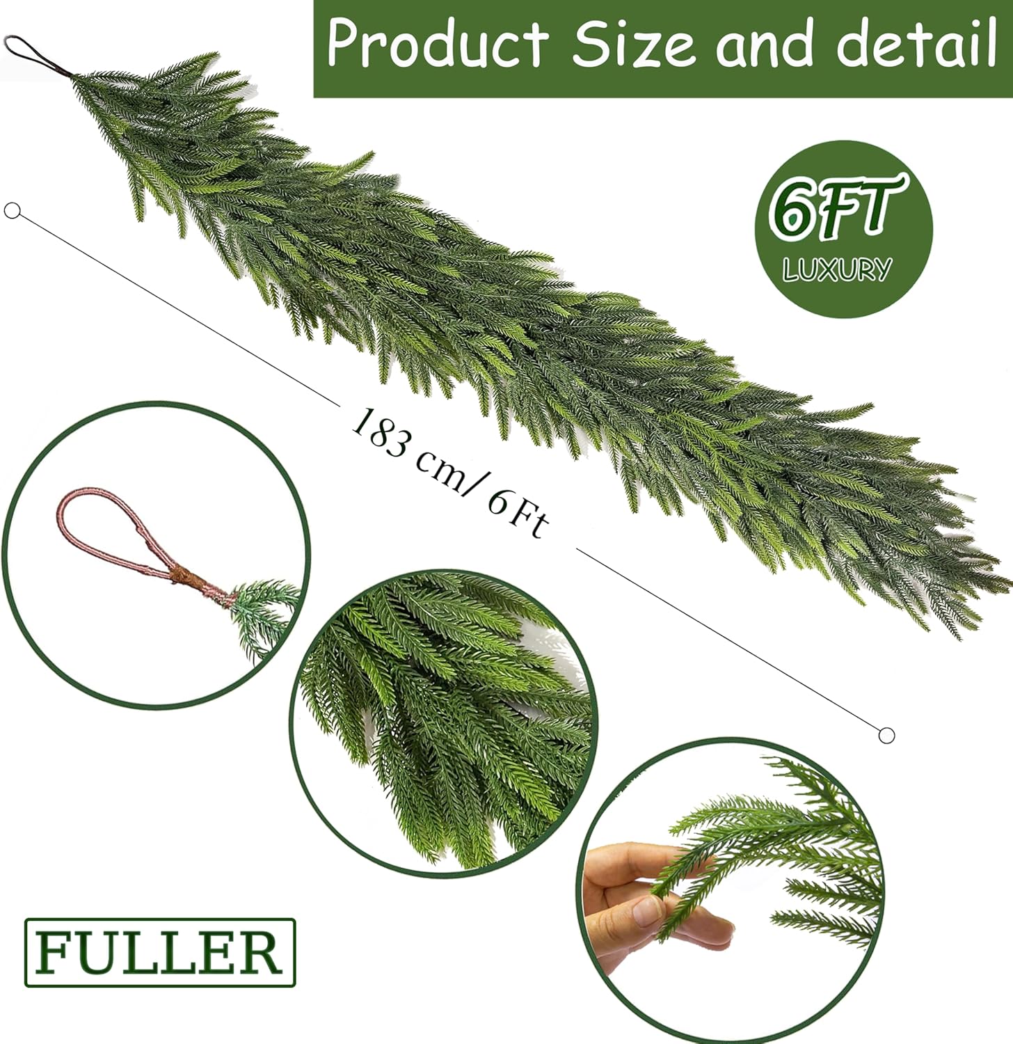 Norfolk Pine | 6 Ft Realistic Christmas Garland - Faux Winter Decor for Mantle, Table, Stairs & More