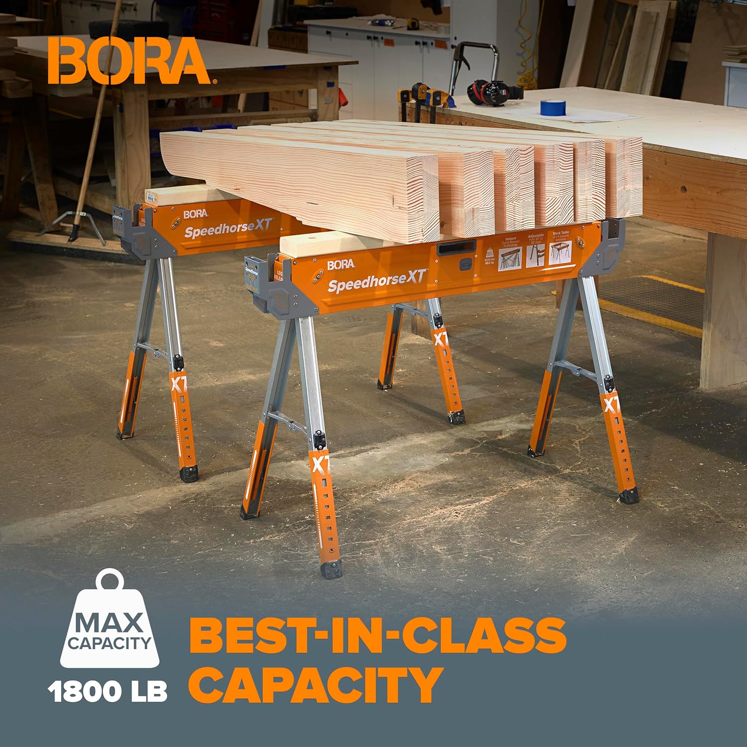 Bora Portamate Speedhorse XT Sawhorse Pair - Heavy-Duty Adjustable 30-36 Inch Legs | Metal Top for 2x4s