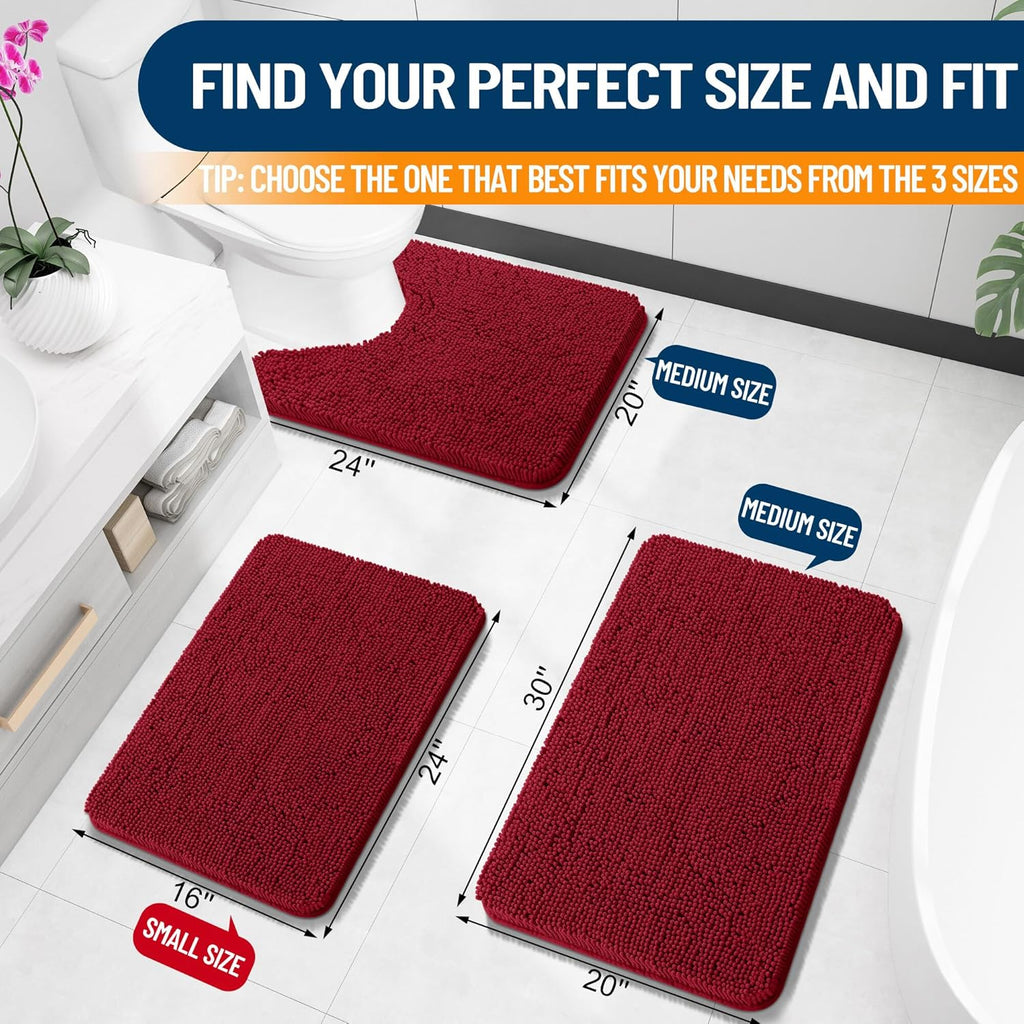 OLANLY U-Shaped Toilet Rugs - Extra Soft Chenille Bathroom Mat, 24x20, Quick-Dry & Non-Slip, Red