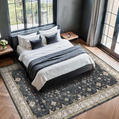 Hazo Haus Boho Area Rug - Washable 7x9 Black Dining Room Rug | Low Pile Non-Slip Design for Farmhouse Decor