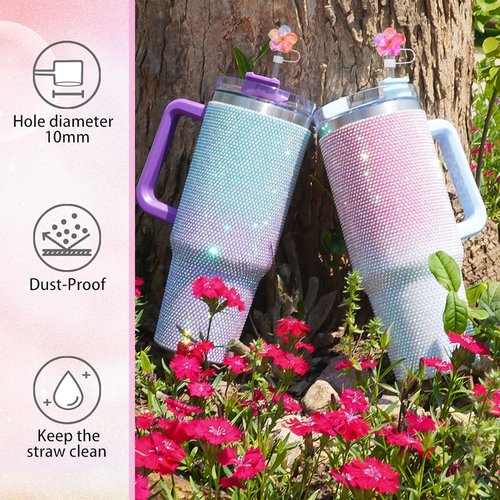 Flower Straw Toppers Set, 10mm Flower Straw Covers Topper for Stanley Cup 30oz 40 0z Tumblers, Cute Summer Themed Cup Toppers for Girls, Reusable and Shiny
