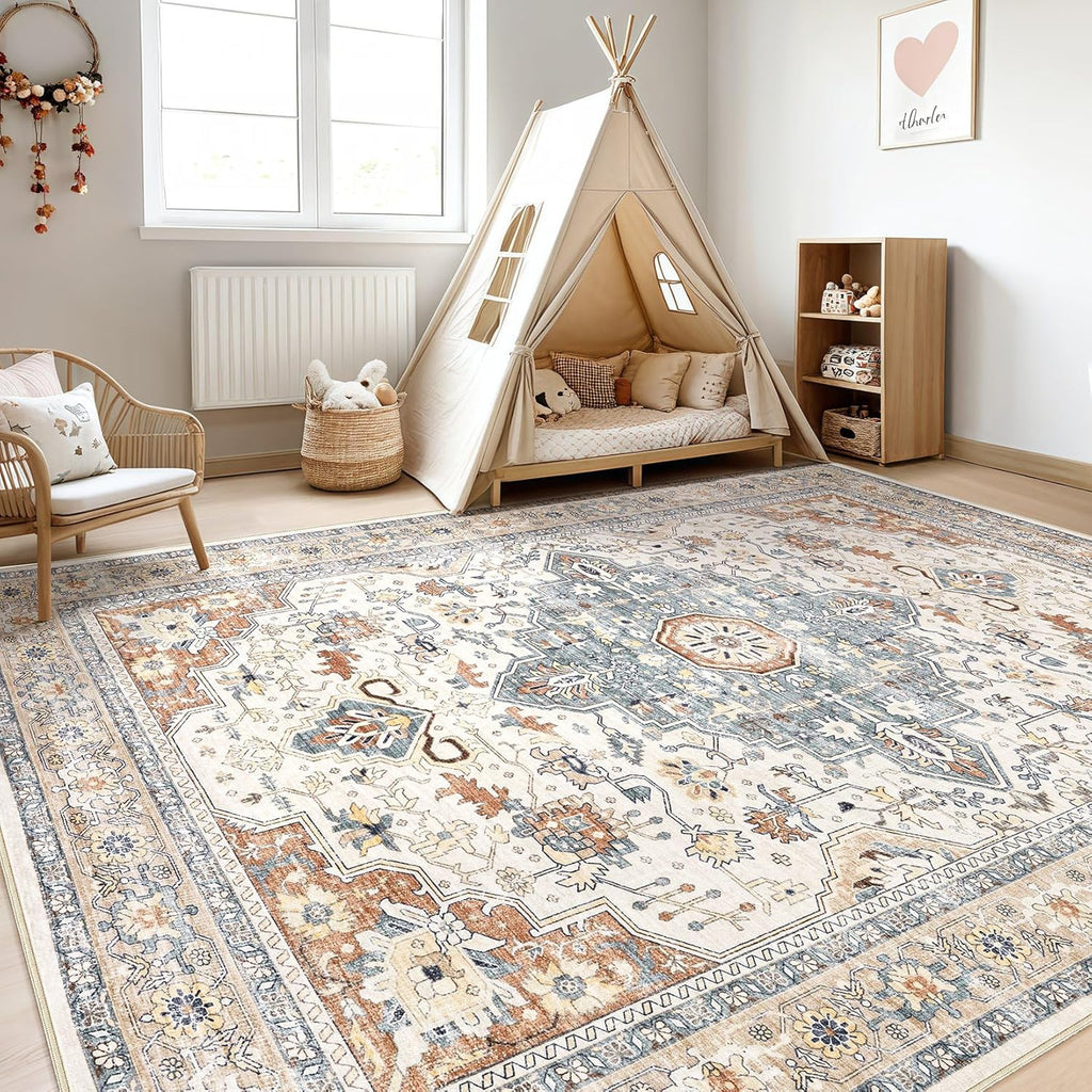 Skiennix 9x12 Area Rug - Washable Boho Vintage Soft Carpet | Stain Resistant, Non-Slip, Beige & Blue