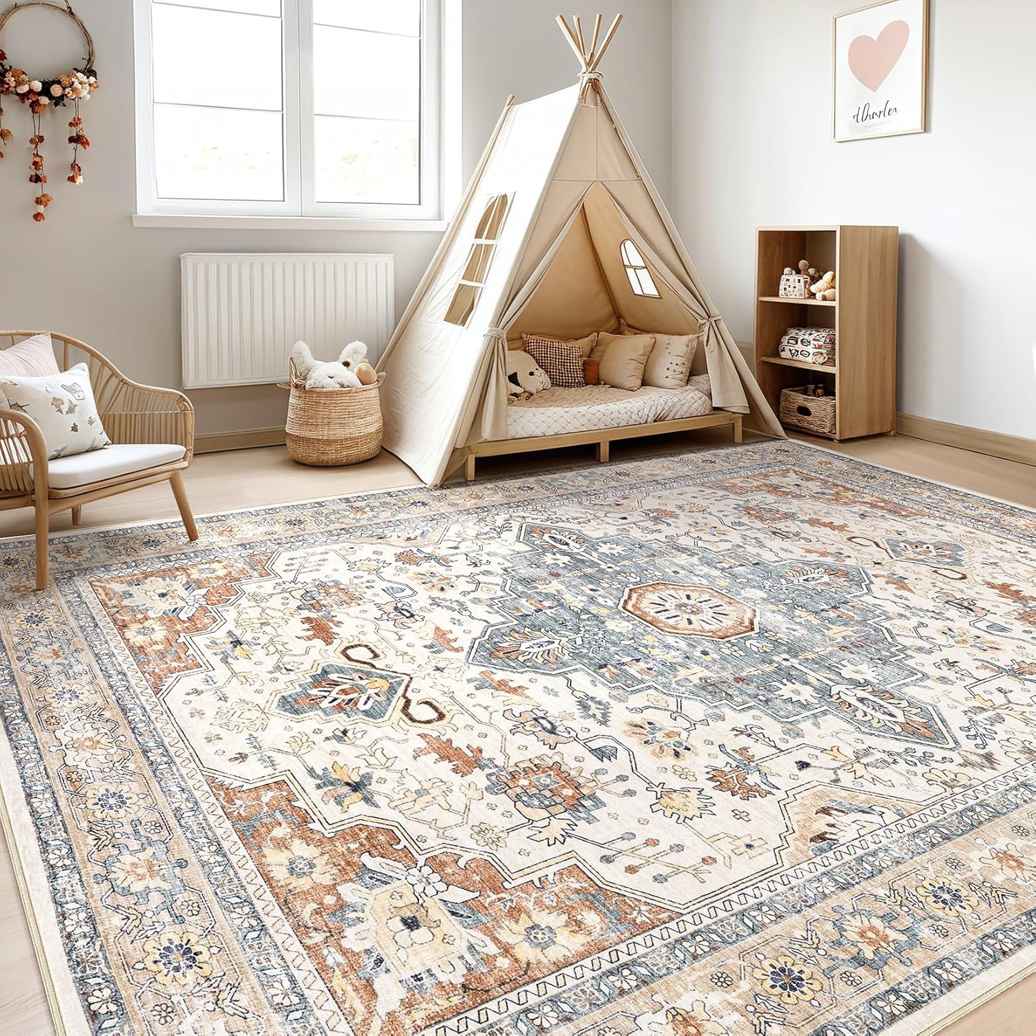 Skiennix 9x12 Area Rug - Washable Boho Vintage Soft Carpet | Stain Resistant, Non-Slip, Beige & Blue