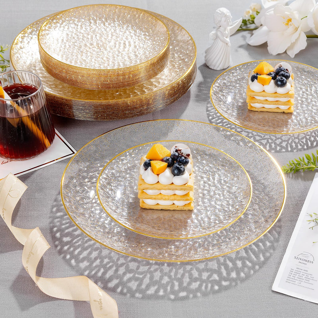 Rubtlamp 60Pcs Clear Gold Plastic Plates, Gold Glitter Disposable Plates, Hammered Plastic Plates Included 30 Dinner Plate And 30 Dessert Plates for Party