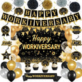 DARUNAXY Happy Workiversary Party Decorations for Men Women, Black Gold Happy Work Anniversary Banner Cake Topper Hanging Swirl Confetti Balloons Decor Set for Employee Office Party Supplies(31PC)