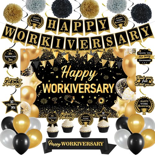 DARUNAXY Happy Workiversary Party Decorations for Men Women, Black Gold Happy Work Anniversary Banner Cake Topper Hanging Swirl Confetti Balloons Decor Set for Employee Office Party Supplies(31PC)