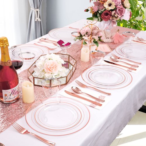 DaYammi 350Pcs Rose Gold Dinnerware Set Include: 50 Dinner Plates 10.25’’,50 Dessert Plates 7.5’’,50 Rose Gold Cutlery,50 Disposable Cups 9 OZ with 50 Napkins for Party