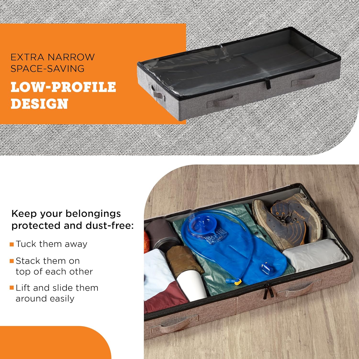 storageLAB Under Bed Storage Containers - Low Profile Organizers with Sturdy Handles & Clear Windows | 2 Pack, Gray