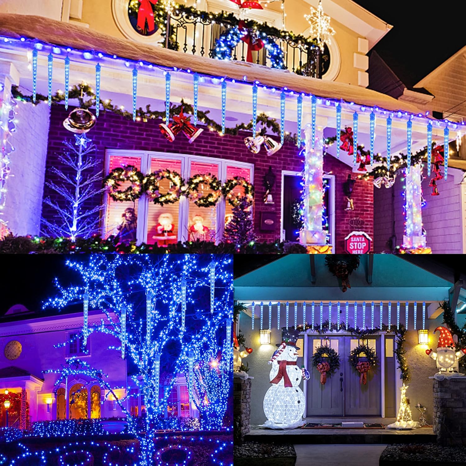 WATERGLIDE Meteor Shower Lights - 12" Outdoor Icicle Christmas Lights | 8 Icicles with 192 SMD LED, Connectable Raindrop Design, Blue Holiday Decor