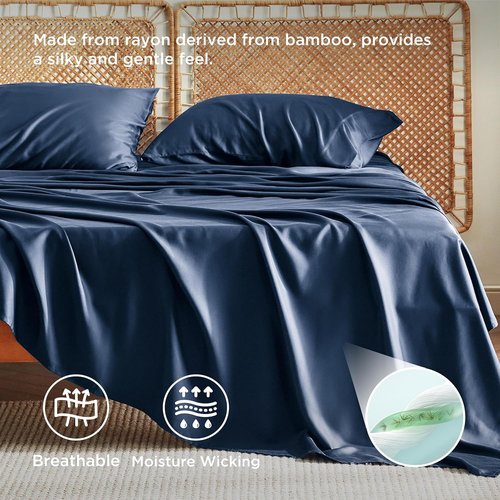 Bedsure Cooling Bed Sheets - Breathable Rayon from Bamboo, Deep Pocket Up to 16 Inches, Navy