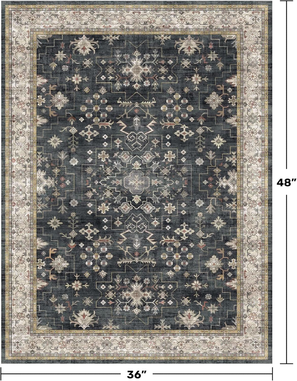 Skiennix Black Boho Washable Entry Rug - Non-Slip Rubber Backing | 3x4 Indoor Mat for Kitchen & Bathroom
