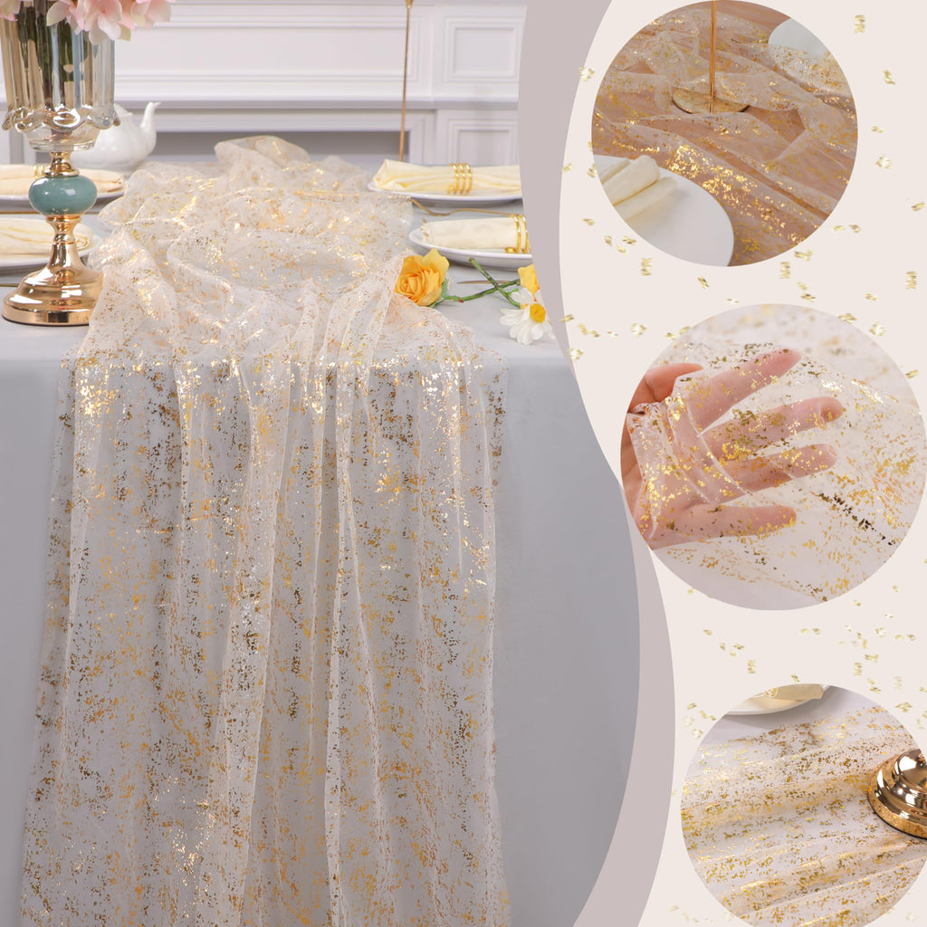 Snowkingdom 3Pcs 10Ft Gold Table Runners, Sheer Gauze Chiffon Cheesecloth Glitter Golden Metallic Foil, Gold Decorations for Home Party Wedding Birthday Anniversary Fall Thanksgiving Christmas Holiday