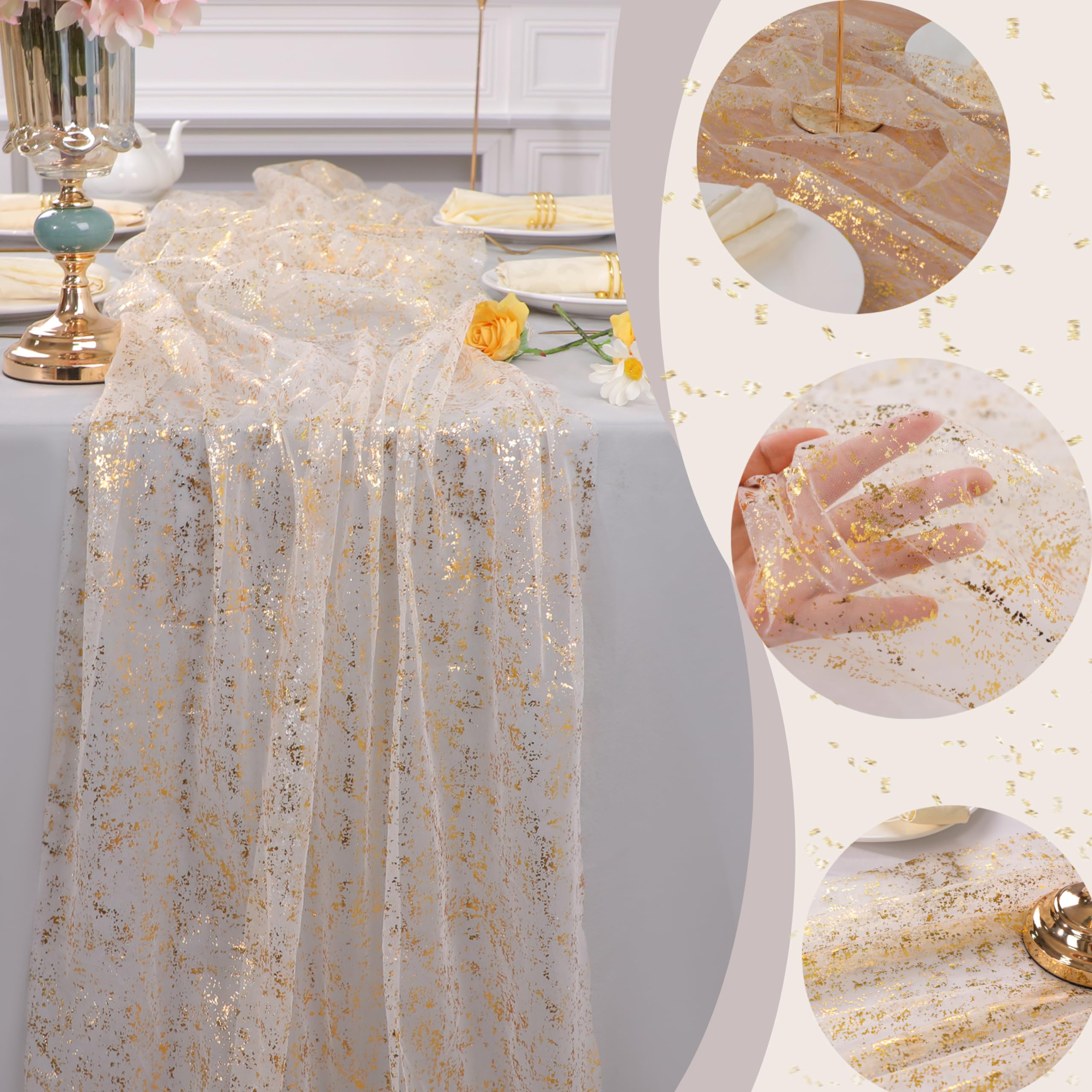 Snowkingdom 3Pcs 10Ft Gold Table Runners, Sheer Gauze Chiffon Cheesecloth Glitter Golden Metallic Foil, Gold Decorations for Home Party Wedding Birthday Anniversary Fall Thanksgiving Christmas Holiday