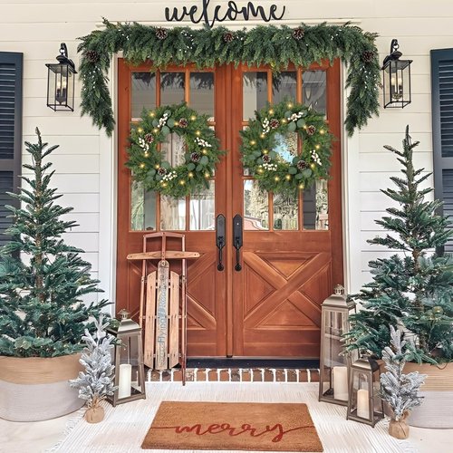 Christmas Wreath with Lights 24 Inch Real Touch Pine Wreath with White Berries/Pine Cone Prelit Christmas Wreaths for Front Door Outdoor Christmas Decorations Winter Wreath for Home Indoor Holiday