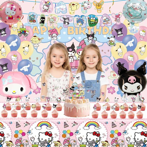 Cartoon Birthday Party Decorations, Include Latex Foil Balloons Backdrop Happy Birthday Banner Tablecloth Hanging Swirls Cupcake Cake Toppers Stickers Supplies