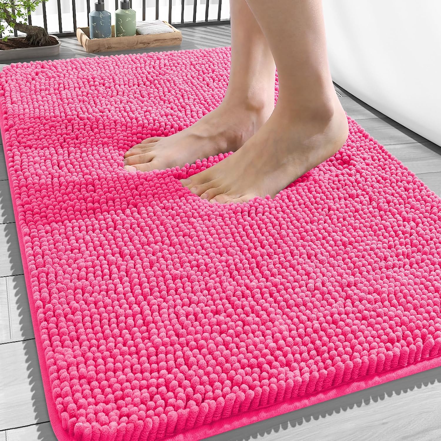 OLANLY Bathroom Rugs - Extra Soft Chenille Bath Mats | Quick Dry & Machine Washable, 34x21, Hot Pink