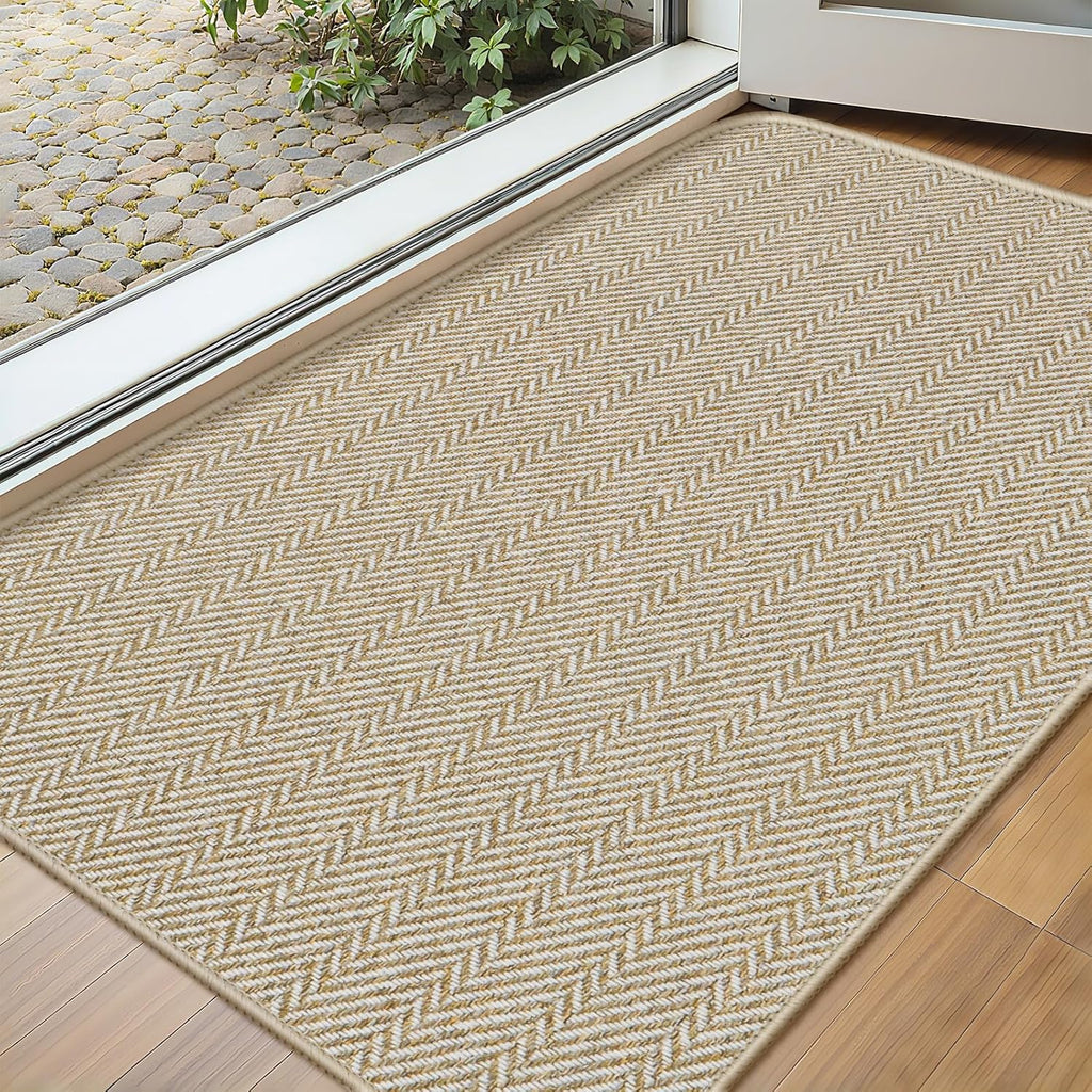 Skiennix Ultra Thin Indoor Door Mat - Non-Slip Rubber Backing | Unique Herringbone Design, 17"x29", Beige