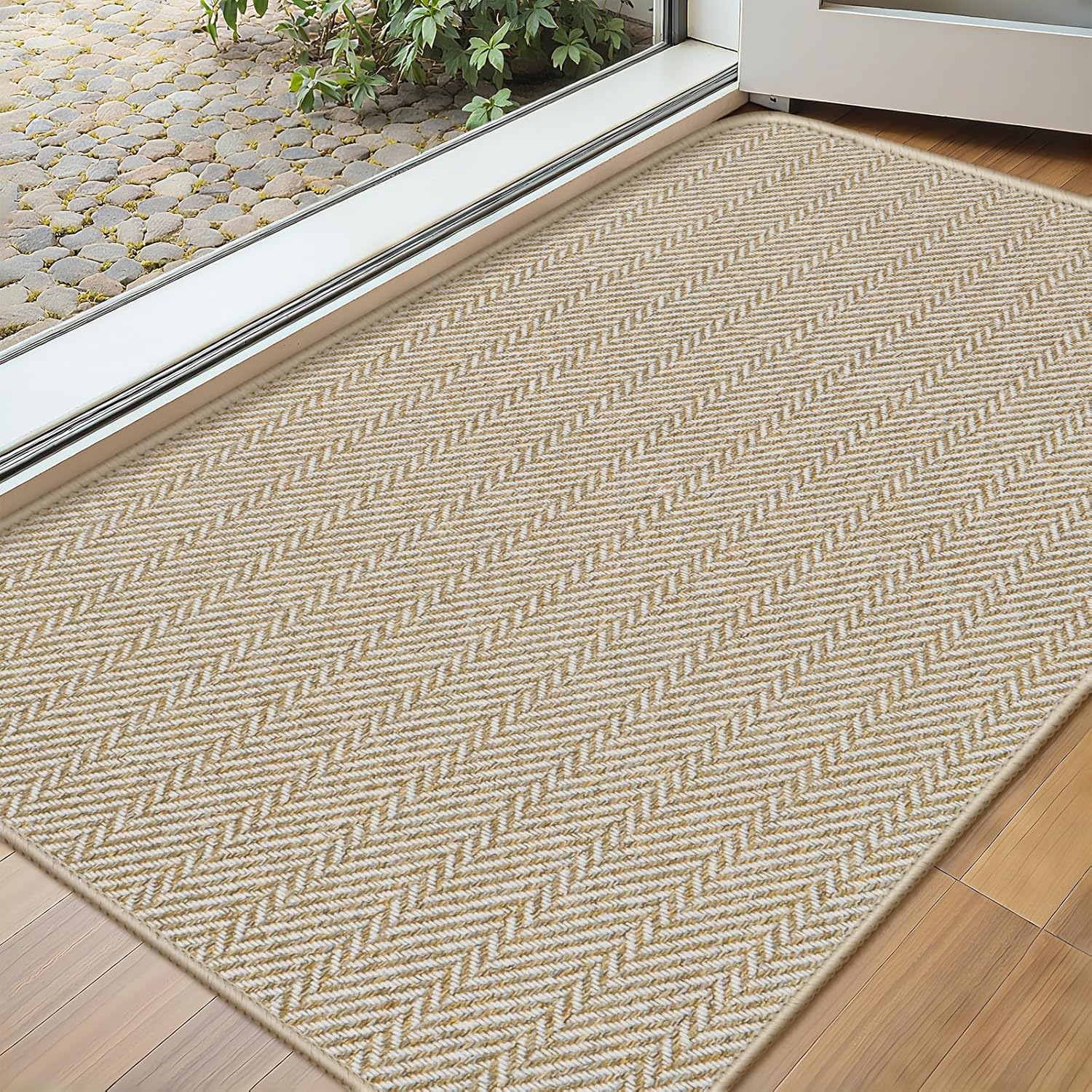 Skiennix Ultra Thin Indoor Door Mat - Non-Slip Rubber Backing | Unique Herringbone Design, 17"x29", Beige