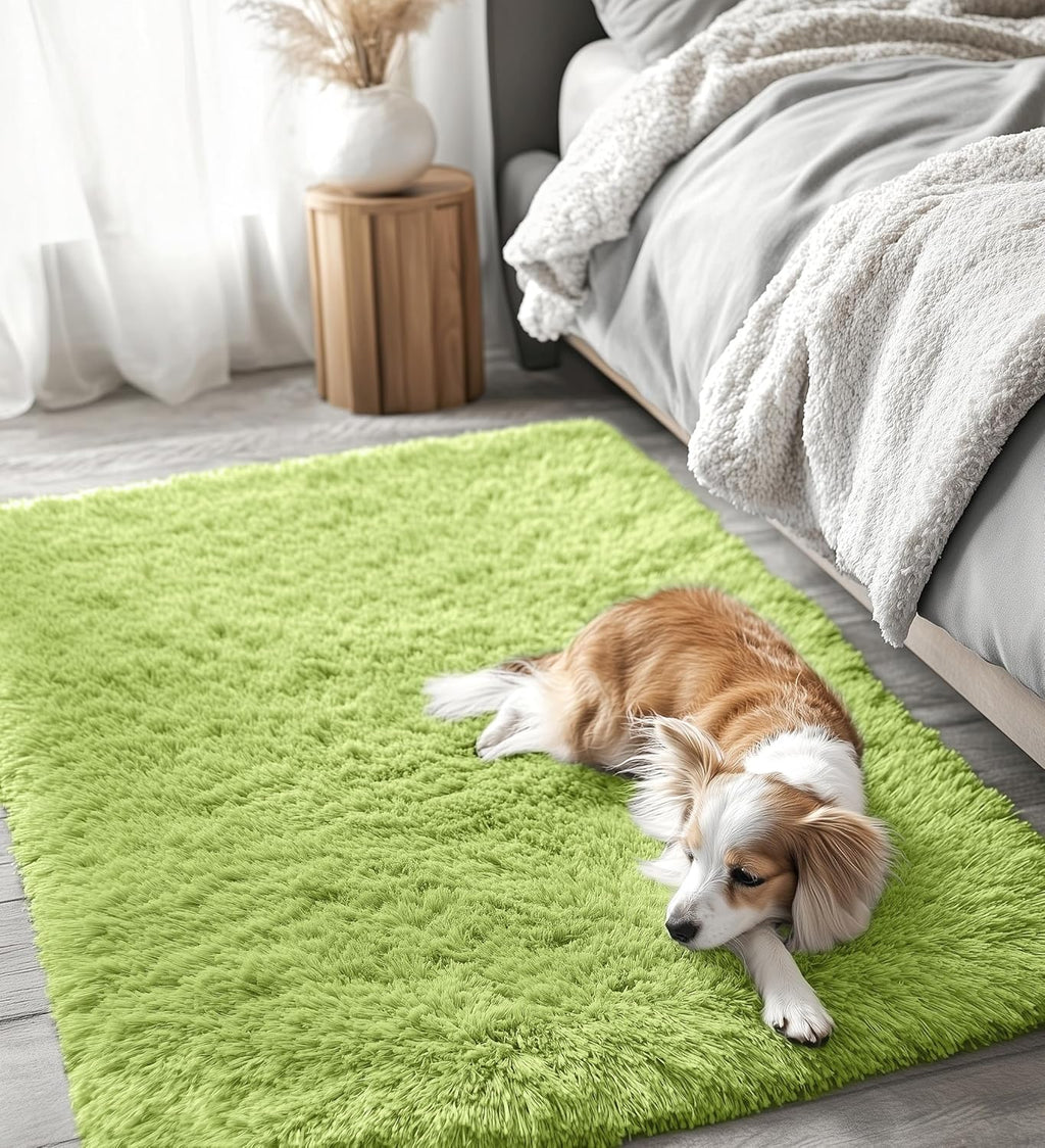 OLANLY 3x5 Soft Fluffy Shaggy Bedside Rug - Machine Washable Indoor Carpet for Kids & Nursery | Grass Green