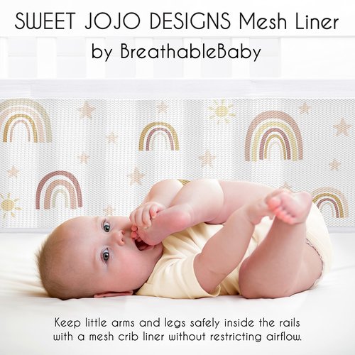 Sweet Jojo Designs + BreathableBaby Boho Rainbow Girl Breathable Mesh Crib Liner Anti-Bumper Baby and Infant - Blush Pink Yellow Tan Bohemian Modern Neutral Vintage Dusty Rose Mauve Taupe Stars Sun