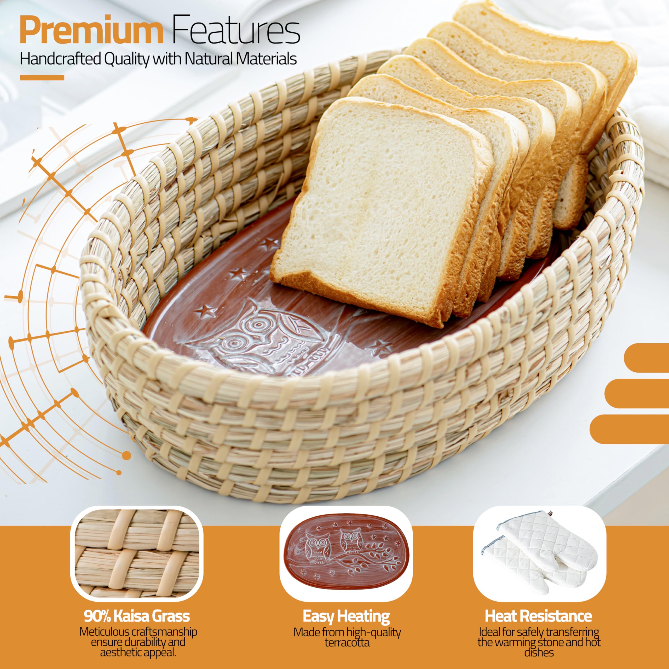Bread Warmer Basket with Terracotta Stone – Includes Oven Mitts – Keeps Bread Warm – Rustic Gift for Holidays, Housewarming, Dinner Parties – Handwoven Natural Look – Kitchen Table Accessory