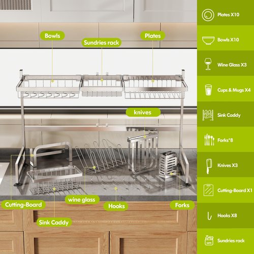 2 Tier Extra Large Stainless Steel Expandable Over The Sink Dish Drainer Drying Rack, Rust Proof Metal, Space Saving, Modern Silver Big Capacity Extendable Plate Strainers Above Kitchen Counter