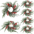 Skiennix Christmas Candle Rings - 6 Pcs Artificial Wreaths with Red Berries & Snowy Pine | Festive Table Centerpiece