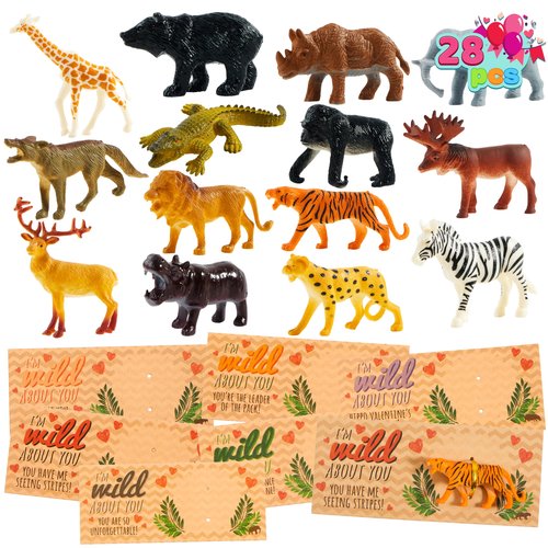 JOYIN 28Pack Valentines Day Gifts Cards with Zoo Animals Figures for Boys Girls, Greeting Cards for Classroom Exchange, Kids Party Favors School Game Prize Toys