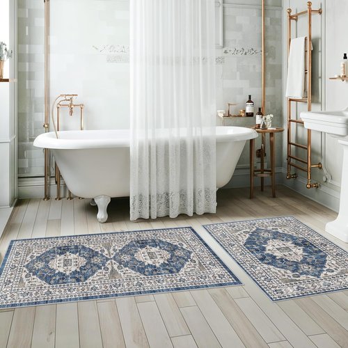 Farmhouse 4-Piece Non-Slip Kitchen Floor Mats by Washable | Easy Clean Water-Resistant Rugs - Blue