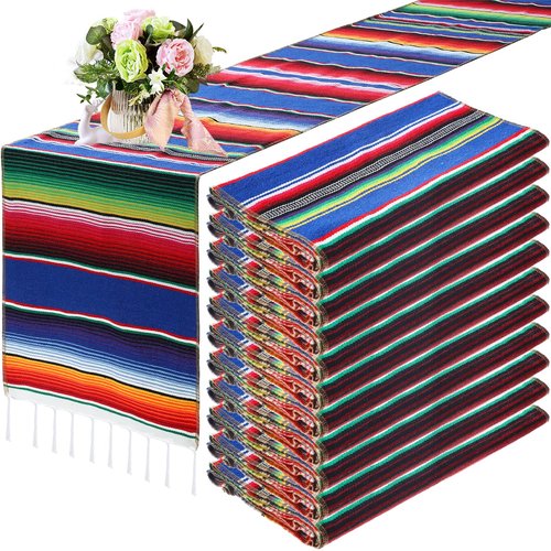 Tegeme 12 Pcs Mexican Table Runners 14 x 84 Inch Mexican Serape Table Runner Blanket Fringe Cotton Rainbow Fiesta Party Decoration for Cinco De Mayo Wedding Sarapes Mexicanos Boho (Elegant Style)
