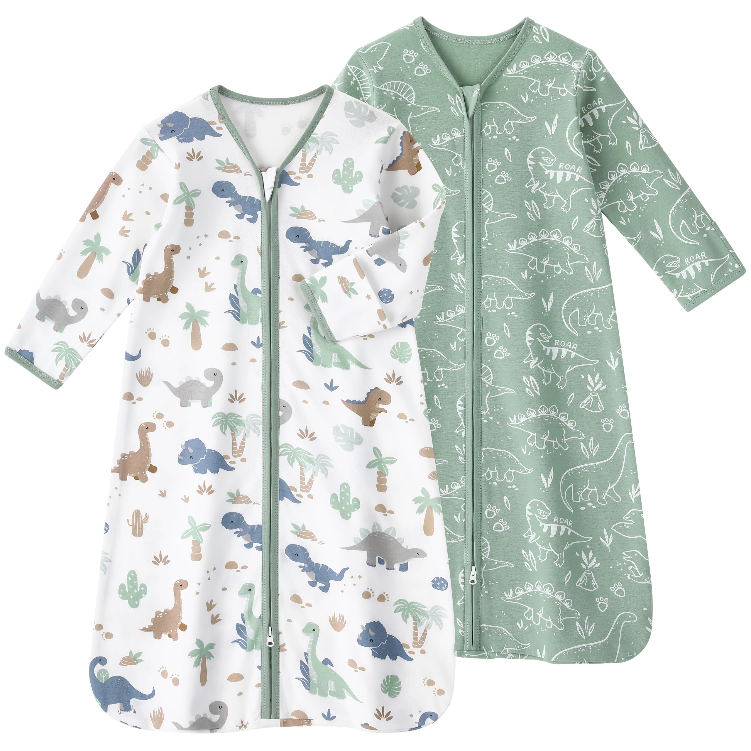 FIEMOL Baby Sleep Sack 6-12 Months, Long Sleeve Baby Wearable Blanket 0.5 Tog with Mittens, 2-Way Zipper Infant Cotton Sleeping Sack for Boy and Girl Green Dinosaur 2 Pack (Medium)