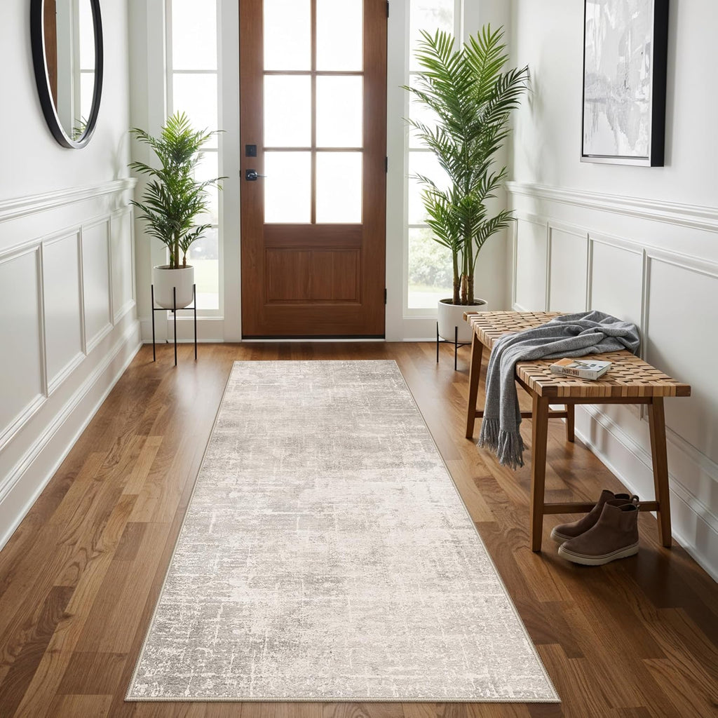 Skiennix 3x6 Washable Hallway Runner Rug - Abstract Stain Resistant | Ultra Soft Non-Slip Indoor Carpet in Beige/Cream