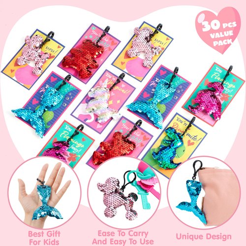 JOYIN 30 Pack Valentines Day Gift Cards with Gift Glitter Flip Sequin Keychain for Valentine's Classroom Exchange Prizes, Kids Party Favors