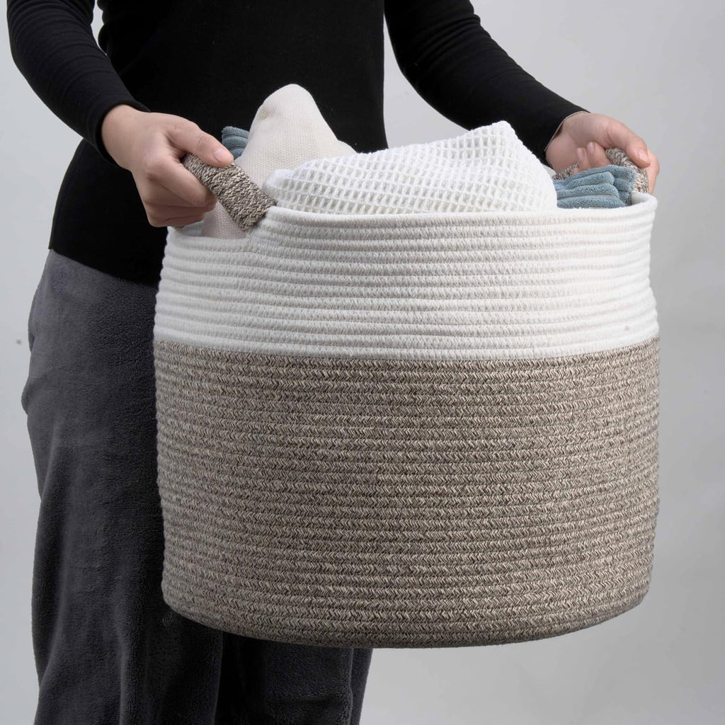 Skiennix Woven Round Rope Storage Basket - Stylish Blanket & Toy Organizer (16"Wx14"H) - White & Brown