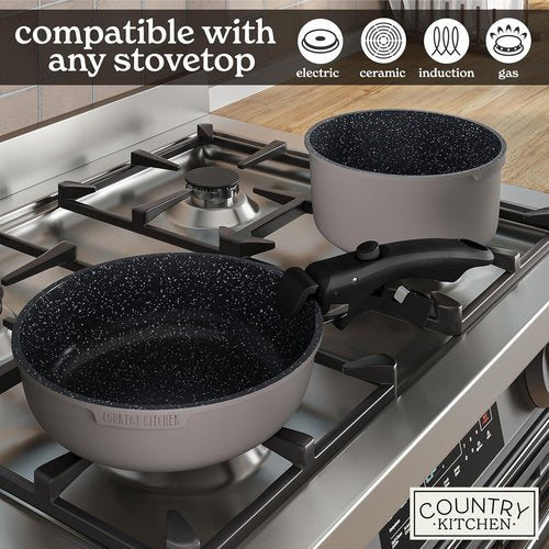 Country Kitchen Cookware Set - Removable Handle, Oven & RV Safe Pots and Pans, Grey/Black