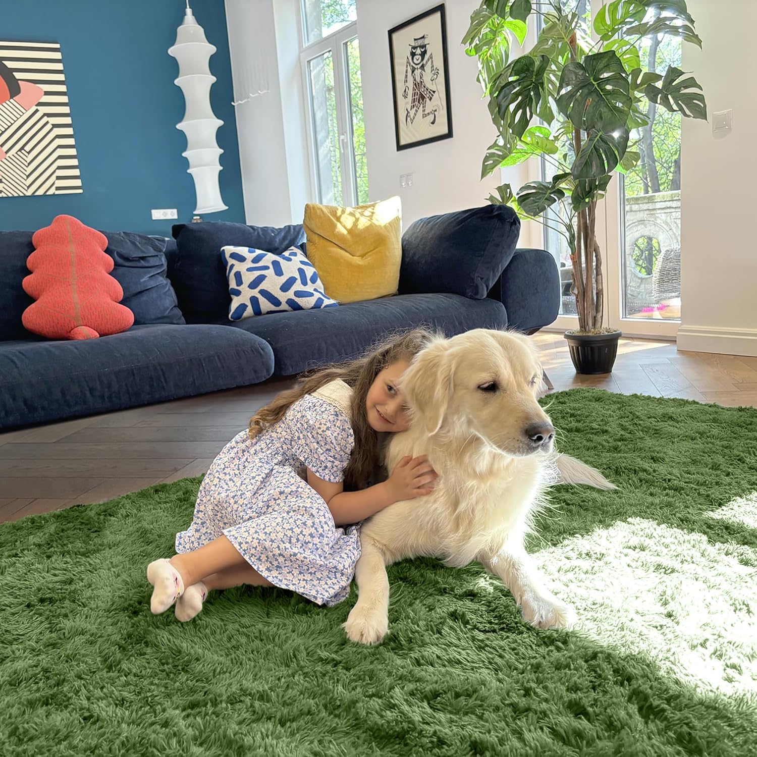 OLANLY Small Bedside Rug - Soft Fluffy Shaggy Throw Rug for Bedroom & Living Room | Green, Machine Washable