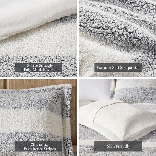 Madison Park King Comforter Set Sherpa Farmhouse Stripes, Faux Mink Reverse, Soft & Fluffy, Medium Weight Winter Comforter King Warm Bedding Set, 2 Shams, Hollis, King/Cal King Gray/Ivory 3 Piece